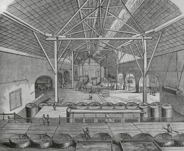 Cuba. Bolondron, province of Matanzas. Engenho (sugar cane mill) ""Armonia"" (1848). Industry property of Mr. Miguel Aldama Alfonso and Mr. Jose Luis Alfonso. General view of the boiler house, where the process of boiling and evaporation of the juices obtained from the grinding of the sugar cane was carried out. Engraving. Cronica General de Espana, Historia Ilustrada y Descriptiva de sus Provincias (General Chronicle of Spain, Illustrated and Descriptive History of its Provinces), Antilles, 1871.