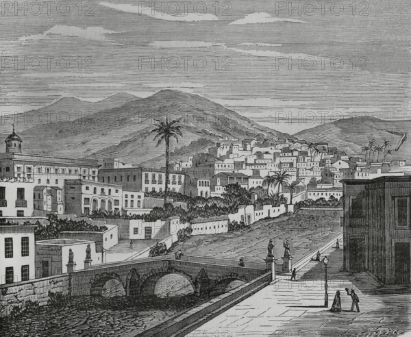 Las Palmas de Gran Canaria, Gran Canaria, Canary Islands, Spain. View of the Plaza del Principe (Prince's Square). Its layout dates from 1857, being designed by Manuel de Oraa y Arcocha (1822-1889). It was named after the then Prince of Asturias, Alfonso XII (1857-1885). Illustration by Letre. Engraving by Sierra. Cronica General de Espana, Historia Ilustrada y Descriptiva de sus Provincias (General Chronicle of Spain, Illustrated and Descriptive History of its Provinces), Canaries, 1871.
