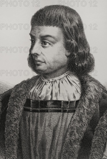 Alonso Fernandez de Lugo (?-1525). Spanish conquistador. He conquered the islands of La Palma (1492–1493) and Tenerife (1494–1496) for the Castilian Crown. First adelantado of the Canary Islands and governor for life of Tenerife and La Palma. Portrait. Drawing by Salcedo. Lithography. Cronica General de Espana, Historia Ilustrada y Descriptiva de sus Provincias (General Chronicle of Spain, Illustrated and Descriptive History of its Provinces), Canaries, 1871.
