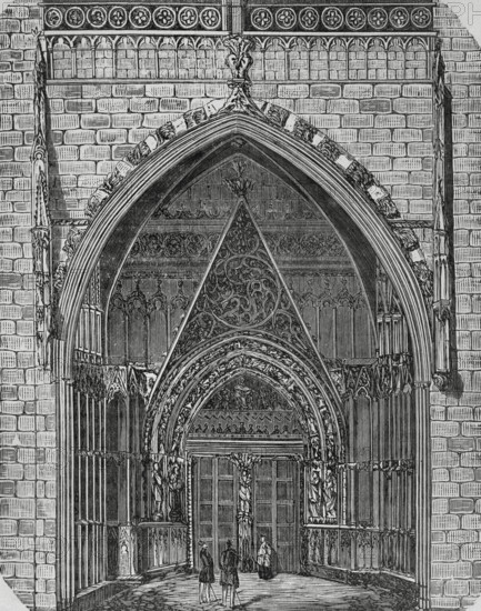 Palma, Mallorca, Balearic Islands, Spain. Cathedral. Mirador portal. Engraving. Cronica General de Espana, Historia Ilustrada y Descriptiva de sus Provincias (General Chronicle of Spain, Illustrated and Descriptive History of its Provinces), Balearics, 1871.