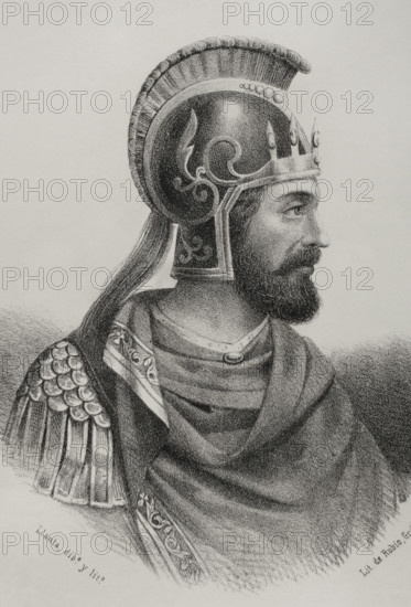 Hannibal Barca (247-183 BC). Carthaginian general and statesman. Portrait. Drawing by Llanta. Lithography. Cronica General de Espana, Historia Ilustrada y Descriptiva de sus Provincias (General Chronicle of Spain, Illustrated and Descriptive History of its Provinces), Balearics, 1871.