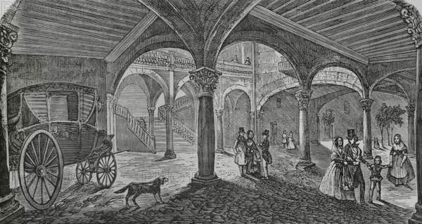 Palma, Mallorca, Balearic Islands, Spain. Courtyard of Can Vivot. Engraving. Cronica General de Espana, Historia Ilustrada y Descriptiva de sus Provincias (General Chronicle of Spain, Illustrated and Descriptive History of its Provinces), Balearics, 1871.