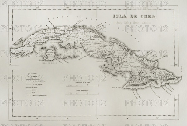 Map of the Island of Cuba (Spanish colonial period). Engraving. Cronica General de Espana, Historia Ilustrada y Descriptiva de sus Provincias (General Chronicle of Spain, Illustrated and Descriptive History of its Provinces), Antilles, 1871.