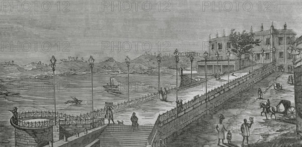 Havana, Cuba. View of the Alameda de Paula. The first promenade in the city. It was built in 1777 by Antonio Fernandez de Trebejos (1735-1800), colonel of engineers in the Spanish army, by order of Captain General Felipe de Fondesviela (1725-1784), Marquis of La Torre. Engraving by Traver. Cronica General de Espana, Historia Ilustrada y Descriptiva de sus Provincias (General Chronicle of Spain, Illustrated and Descriptive History of its Provinces), Antilles, 1871.