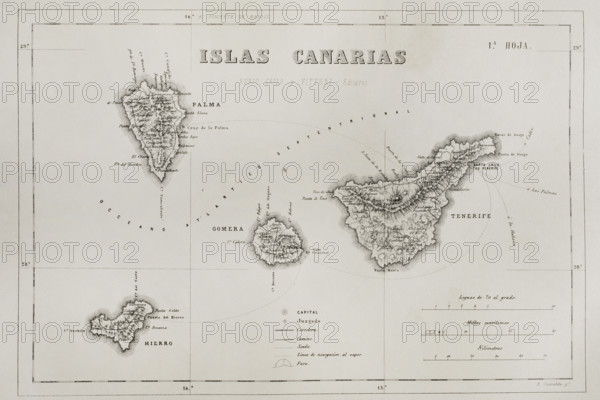 History of Spain. Map of the Canary Islands. Islands of Tenerife, El Hierro, La Gomera and La Palma. Engraving. Cronica General de Espana, Historia Ilustrada y Descriptiva de sus Provincias (General Chronicle of Spain, Illustrated and Descriptive History of its Provinces), Canaries, 1871.