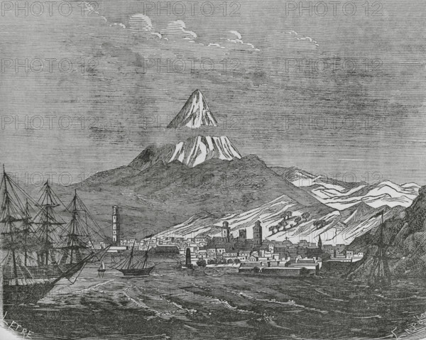 Santa Cruz de Tenerife, Tenerife, Canary Islands, Spain. General view of the city and harbour. Illustration by Letre. Engraving by Capuz. Cronica General de Espana, Historia Ilustrada y Descriptiva de sus Provincias (General Chronicle of Spain, Illustrated and Descriptive History of its Provinces), Canaries, 1871.