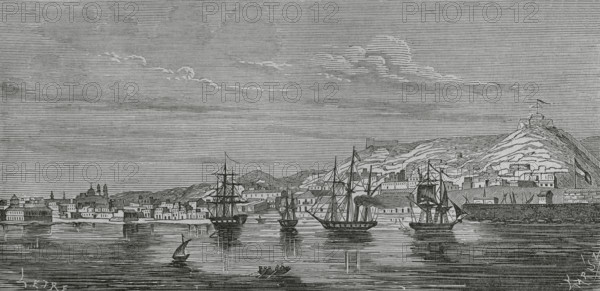 Las Palmas de Gran Canaria, Gran Canaria, Canary Islands, Spain. General view of the city. Illustration by Letre. Engraving by Capuz. Cronica General de Espana, Historia Ilustrada y Descriptiva de sus Provincias (General Chronicle of Spain, Illustrated and Descriptive History of its Provinces), Canaries, 1871.