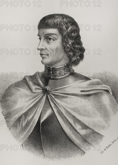 Pedro de Vera Mendoza (?-1505). Castilian conquistador who conquered the island of Gran Canaria, of which he was governor between 1480 and 1491. Portrait. Drawing by Salcedo. Lithography. Cronica General de Espana, Historia Ilustrada y Descriptiva de sus Provincias (General Chronicle of Spain, Illustrated and Descriptive History of its Provinces), Canaries, 1871.