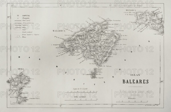 History of Spain. Map of the Balearic Islands. Engraving, 19th century. Cronica General de Espana, Historia Ilustrada y Descriptiva de sus Provincias (General Chronicle of Spain, Illustrated and Descriptive History of its Provinces), Balearics, 1871.