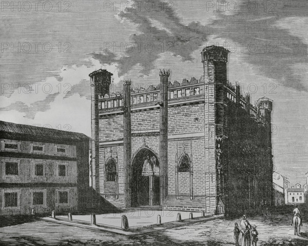 Spain, Balearic Islands, Majorca. Palma. La Lonja or Sa Llotja (Palma Market). Old Gothic market building, constructed by Guillem Sagrera in 1426. Engraving. Cronica General de Espana, Historia Ilustrada y Descriptiva de sus Provincias (General Chronicle of Spain, Illustrated and Descriptive History of its Provinces), Balearics, 1871.