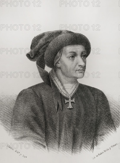 Inigo Lopez de Mendoza (1398-1458). Spanish nobleman and poet of the House of Mendoza. 1st Marquis of Santillana. Portrait. Drawing by Llanta. Lithography. Cronica General de Espana, Historia Ilustrada y Descriptiva de sus Provincias (General Chronicle of Spain, Illustrated and Descriptive History of its Provinces), Balearics, 1871.