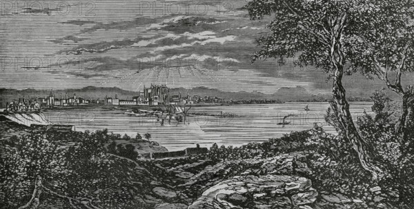 Palma, Mallorca, Balearic Islands, Spain. Panoramic view of the city. Engraving. Cronica General de Espana, Historia Ilustrada y Descriptiva de sus Provincias (General Chronicle of Spain, Illustrated and Descriptive History of its Provinces), Balearics, 1871.