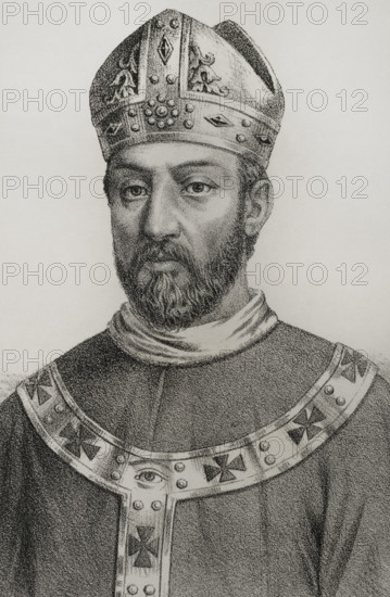 Severus of Menorca. Bishop of the island of Menorca in the early 5th century. Portrait. Lithography. Detail. Cronica General de Espana, Historia Ilustrada y Descriptiva de sus Provincias (General Chronicle of Spain, Illustrated and Descriptive History of its Provinces), Balearics, 1871.