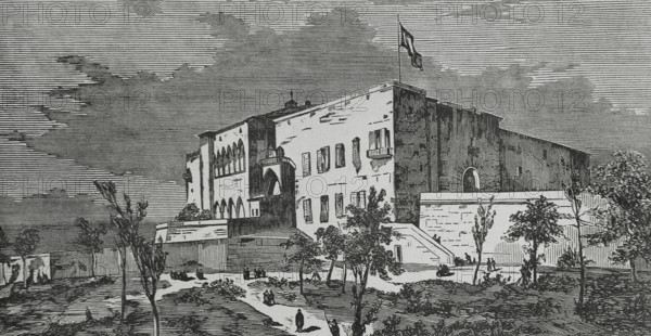 Palma, Mallorca, Balearic Islands, Spain. View of the Alcazar. Engraving. Cronica General de Espana, Historia Ilustrada y Descriptiva de sus Provincias (General Chronicle of Spain, Illustrated and Descriptive History of its Provinces), Balearics, 1871.