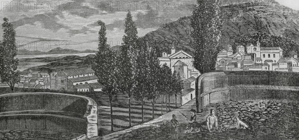 Pollensa (Pollenca), Mallorca, Balearic Islands, Spain. View of the town. Engraving. Cronica General de Espana, Historia Ilustrada y Descriptiva de sus Provincias (General Chronicle of Spain, Illustrated and Descriptive History of its Provinces), Balearics, 1871.