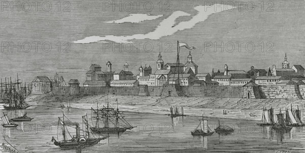 Manila, Luzon island, Philippines. General view of the city. Illustration by Miranda. Engraving by Traver. Cronica General de Espana, Historia Ilustrada y Descriptiva de sus Provincias (General Chronicle of Spain, Illustrated and Descriptive History of its Provinces), Philippines, 1871.