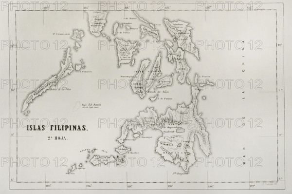 Map of the Philippine islands (Spanish colonial period). Mindanao Island, Visayan Islands and Letye Island. Engraving. Cronica General de Espana, Historia Ilustrada y Descriptiva de sus Provincias (General Chronicle of Spain, Illustrated and Descriptive History of its Provinces), Philippines, 1871.