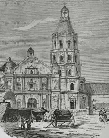 Manila, Luzon island, Philippines. Binondo district. Minor Basilica and National Shrine of Saint Lorenzo Ruiz or Binondo Church. It was founded by Dominican priests in 1596 to serve their Chinese converts to Christianity. Illustration by Miranda. Engraving by Traver. Cronica General de Espana, Historia Ilustrada y Descriptiva de sus Provincias (General Chronicle of Spain, Illustrated and Descriptive History of its Provinces), Philippines, 1871.