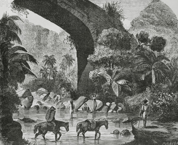 Manila, Luzon island, Philippines. Majayjay, province of Laguna. View of the Puente del Capricho (Bridge of Caprice). It was a project of the Spanish Franciscan friar Victorino del Moral, priest of Majayjay in the 1850s. It is an unfinished stone bridge over Olla River. Engraving by Traver. Cronica General de Espana, Historia Ilustrada y Descriptiva de sus Provincias (General Chronicle of Spain, Illustrated and Descriptive History of its Provinces), Philippines, 1871.