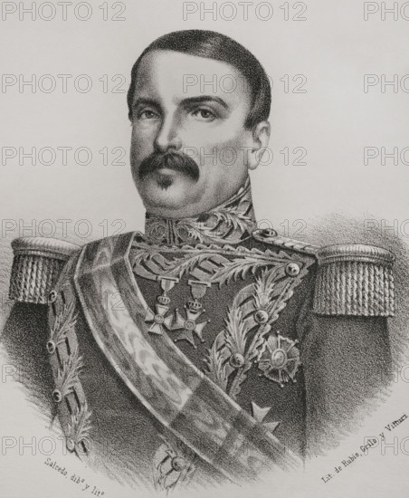 Antonio Urbiztondo y Eguia (1803-1857), Marquis of La Solana. Spanish general. Conqueror of the Sulu Sultanate, which became part of the Philippine Islands under Spanish sovereignty. On 28 January 1850 he was appointed captain general and governor-general of the Philippines. Portrait. Drawing by Salcedo. Lithography. Cronica General de Espana, Historia Ilustrada y Descriptiva de sus Provincias (General Chronicle of Spain, Illustrated and Descriptive History of its Provinces), Philippines, 1871.