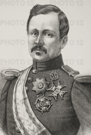 Rafael Echague y Bermingham (1815-1887), 1st Count of Serrallo. Spanish general and politician. Governor of Puerto Rico (1860-1862) and the Philippines (1862-1865). Portrait. Drawing by Salcedo. Lithography. Detail. Cronica General de Espana, Historia Ilustrada y Descriptiva de sus Provincias (General Chronicle of Spain, Illustrated and Descriptive History of its Provinces), Philippines, 1871.