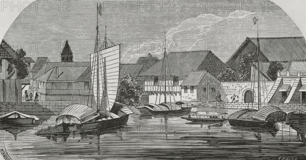 Manila, Luzon island, Philippines. Binondo district. Illustration by Miranda. Engraving by Traver. Cronica General de Espana, Historia Ilustrada y Descriptiva de sus Provincias (General Chronicle of Spain, Illustrated and Descriptive History of its Provinces), Philippines, 1871.