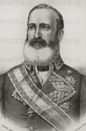 Carlos Maria de la Torre y Navacerrada (1809-1879). Spanish lieutenant general. First Governor General of the Philippines (June 1869 to September 1871) after the Spanish Revolution of 1868. Portrait. Drawing by Salcedo. Lithography. Cronica General de Espana, Historia Ilustrada y Descriptiva de sus Provincias (General Chronicle of Spain, Illustrated and Descriptive History of its Provinces), Philippines, 1871.