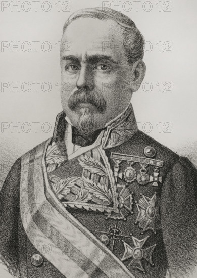 Jose Mac-Crohom y Blake (1803-1860). Spanish military officer and politician. Lieutenant general. Director general of the Civil Guard (Guardia Civil) (1 September to 12 October 1856). Minister of the Navy (27 November 1858 to 9 July 1860). He was appointed governor and Captain General of the Philippines in July 1860, but died during the travel on his way to his post. Portrait. Drawing by Salcedo. Lithography. Detail. Cronica General de Espana, Historia Ilustrada y Descriptiva de sus Provincias (General Chronicle of Spain, Illustrated and Descriptive History of its Provinces), Philippines, 1871.