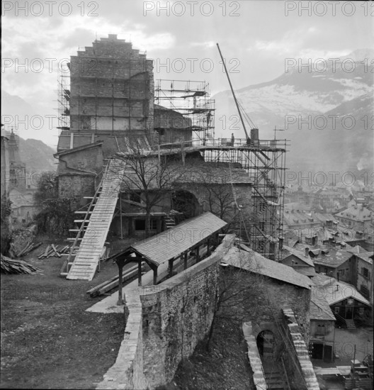 Valeria castle in Sion after earthquake 1946.