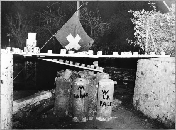 Protest; barricade against artillery fire; target practice of the swiss army; 1957.