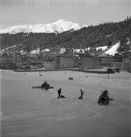 Davos, ice rink being prepared; 1949.