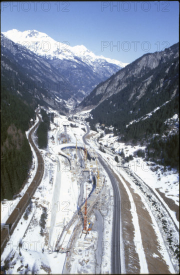 Gotthard tunnel construction, building site Goschenen, northern direction, 1980.
