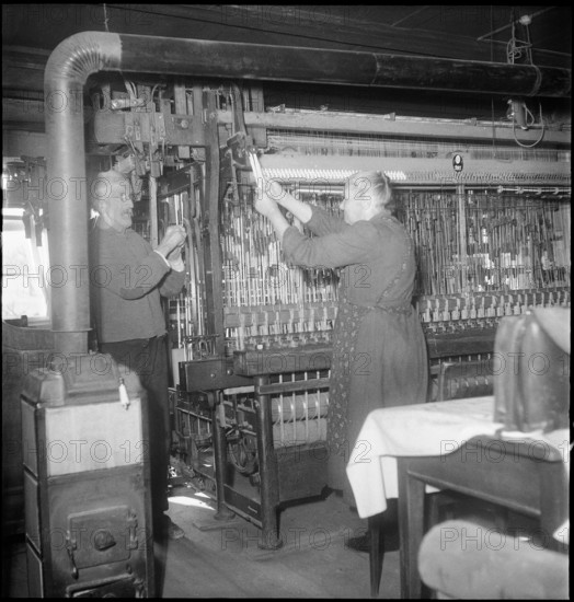 Silk ribbon weavers working, 1948.
