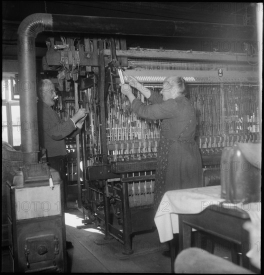 Silk ribbon weavers working, 1948.