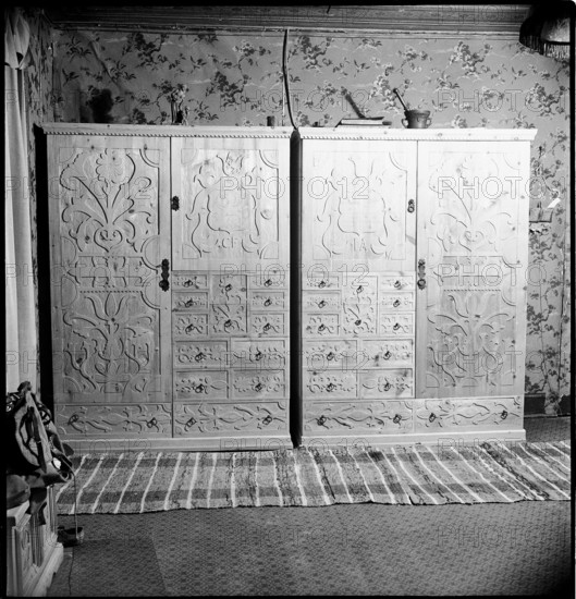 Hand-made cupboards with ornaments, 1946.