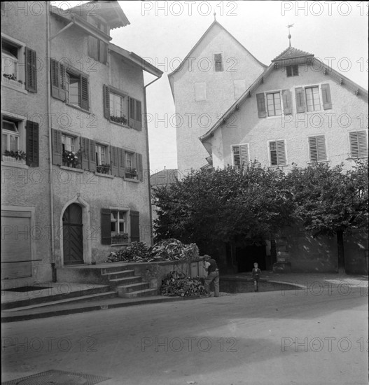 Klingnau; man piling firewood; 1946.