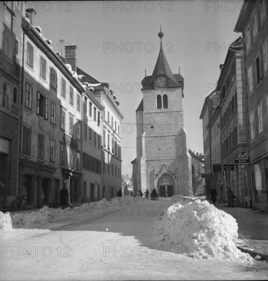 Le Locle, church and small shops at Grande Rue, 1946.