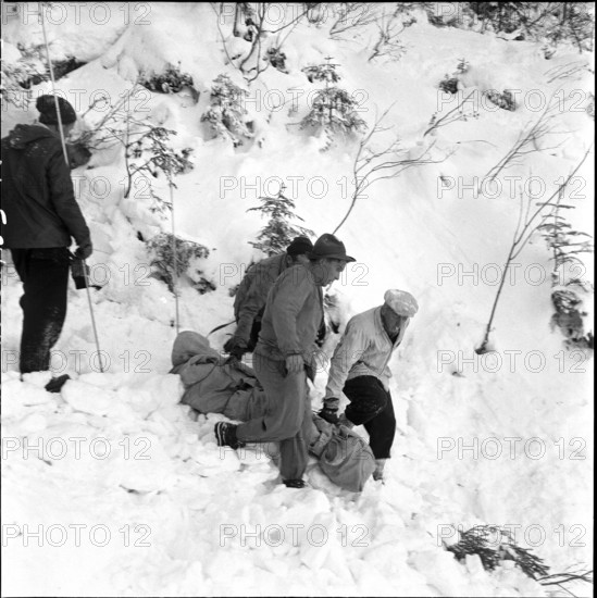 Three workers buried by avalanche near Grindelwald: men recovering a victim; 1956.
