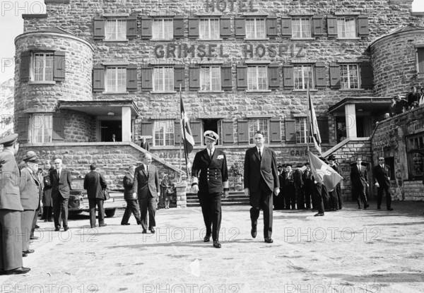 King Frederik of Denmark and federal councillor Tschudi at Grimsel Hospiz, 1965.