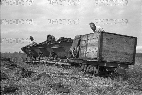 Cutting peat; trolley loaded with briquettes; 1940.