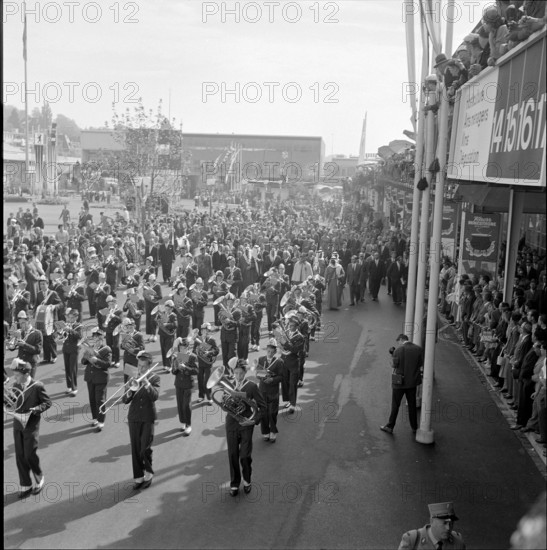 Brass band in honour of King Saud visiting the Comptoir Suisse in Lausanne, 1957.