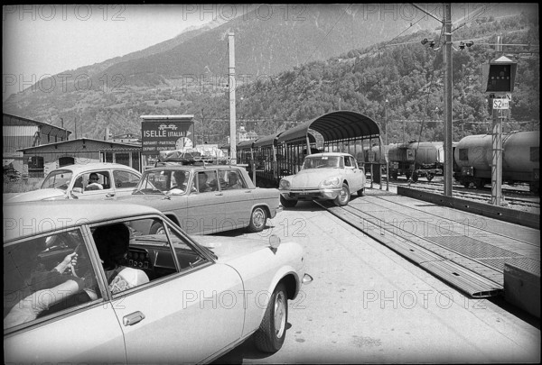 Railway car loading area across Simplon, Brig 1971.