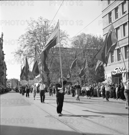 Standard-bearer at May Day rallies in Zurich 1951.