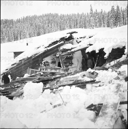 St. Antonien, farmstead destroyed by avalanche; 1954.