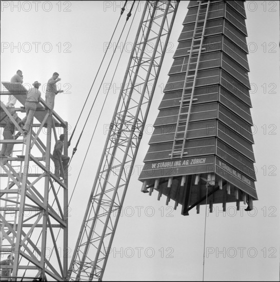 Zollikerberg church under construction, roof of bell tower 1959.