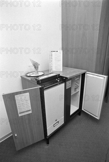 Mini bar and safe in the Hotel Hilton in Zurich Kloten, 1971.