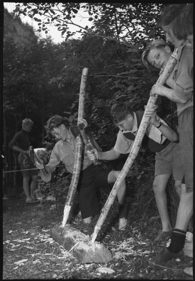 English boy scouts carving, 1950.