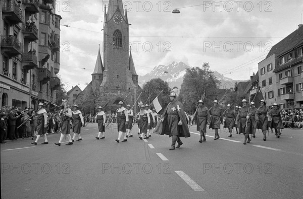 Antique Schwyz uniforms, parade sergeant's days Lucerne 1964.