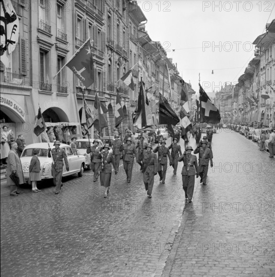 Military parade through the old town, Berne 1957.