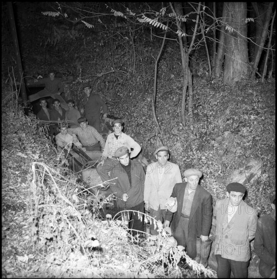 Valais, Miners leaving off work at Grone coal mine; 1957.
